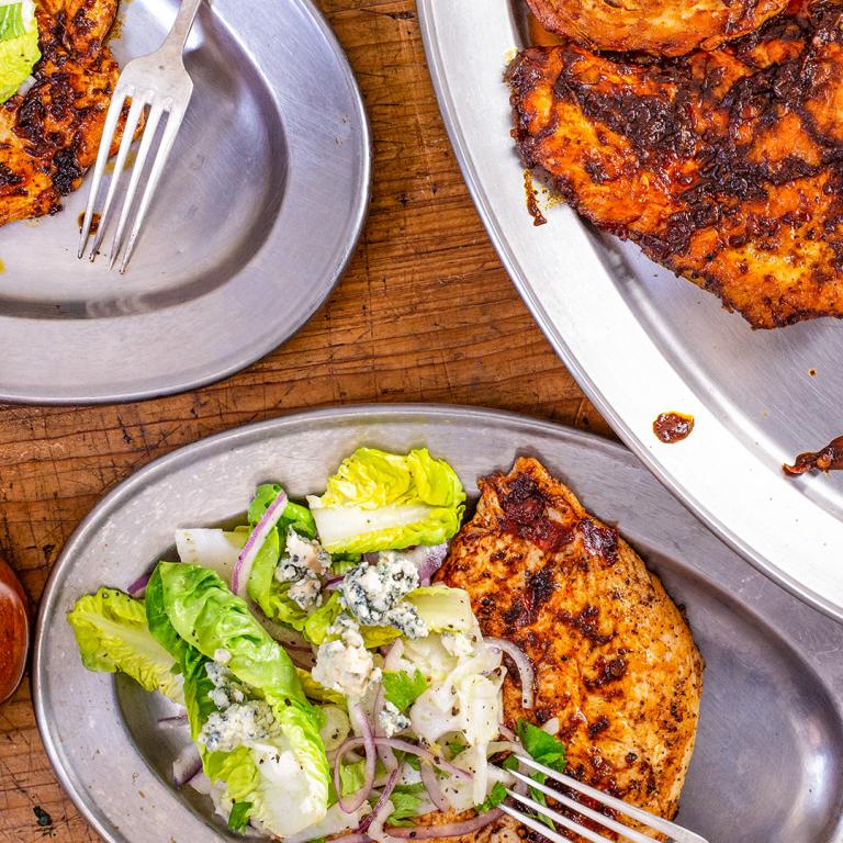 Rachael's Buffalo-Harissa Paillard with Fennel-Celery Salad and Blue Cheese Crumbles