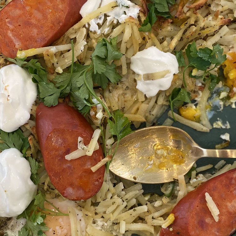 Sheet Pan Hash Browns With Eggs and Chorizo