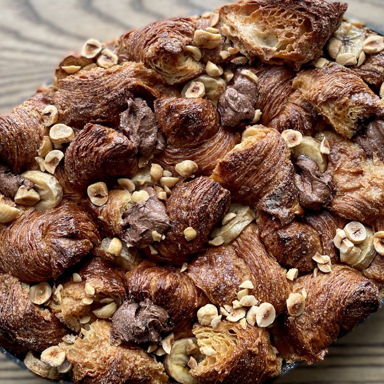 Banana-Hazelnut Croissant Bread Pudding