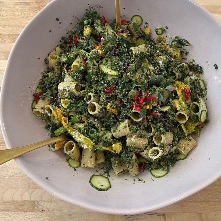 Raw Zucchini Pasta Salad with Pumpkin Seed Pesto      