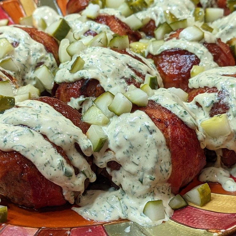 Baseball Meatballs with Bacon Laces, BBQ Sauce Brush and Ranch Drizzle