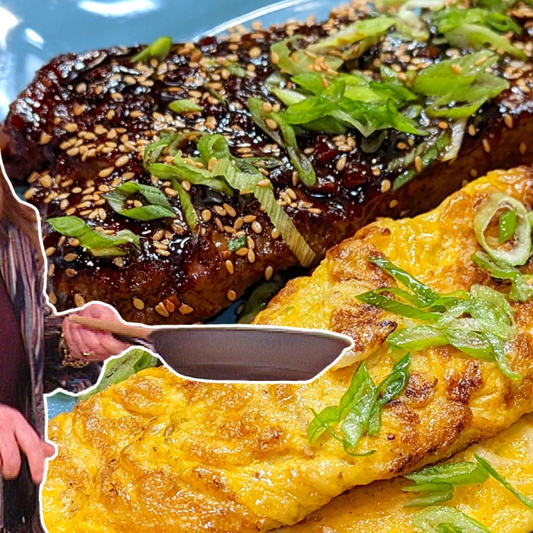 Steaks with Hoisin Glaze and Rolled Omelets | Rachael Ray