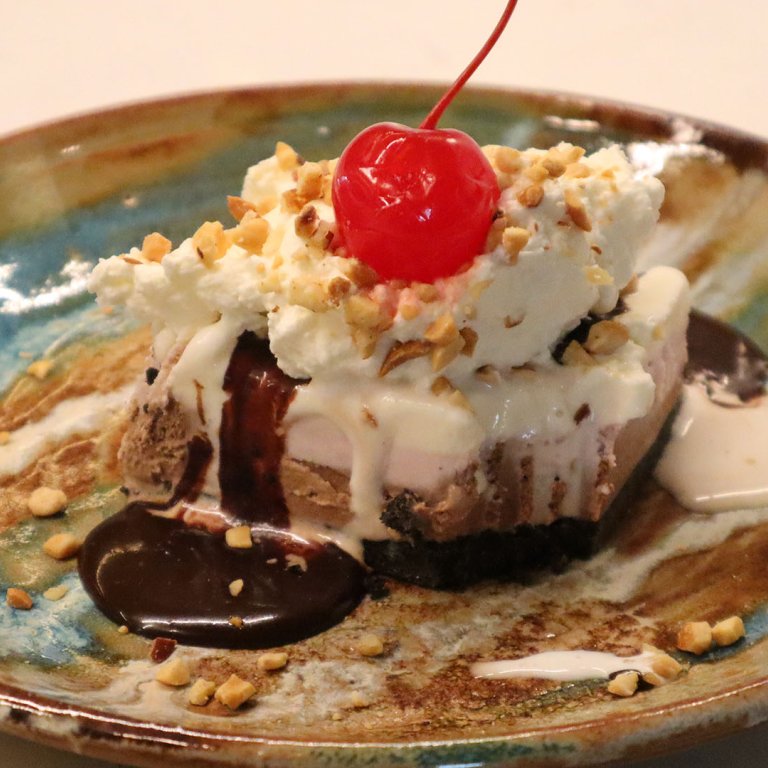 Neapolitan Ice Cream Cake with Hot Fudge Sauce 