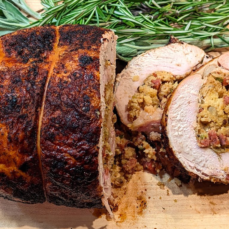 Turkey Roulade with Andouille-Cornbread Stuffing and Pan Gravy