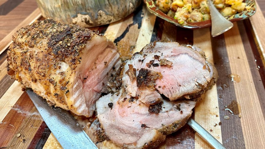 Garlic & Herb Roast Pork Loin, Southern Fried Potatoes + Warm Slaw with Apples & Onions
