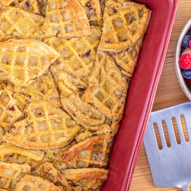 Breakfast Waffle Bread Pudding with Berries