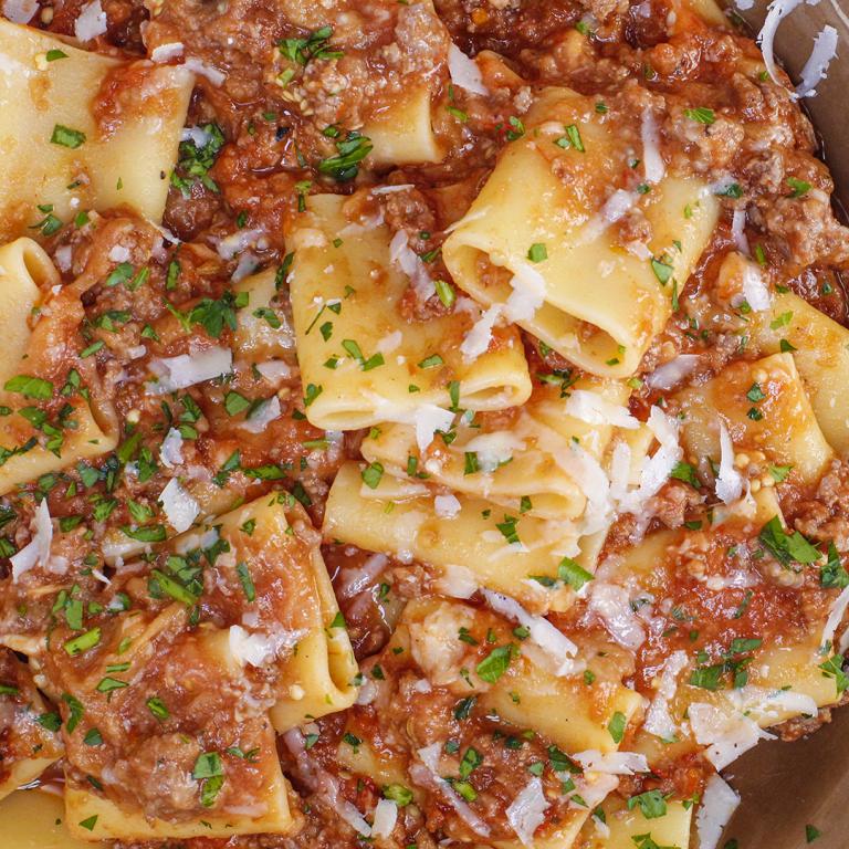 Rachael’s Charred Eggplant and Meat Sauce with Paccheri