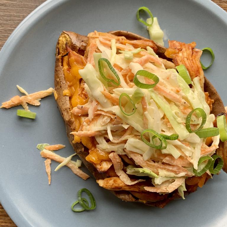 fully loaded bbq chicken stuffed sweet potatoes