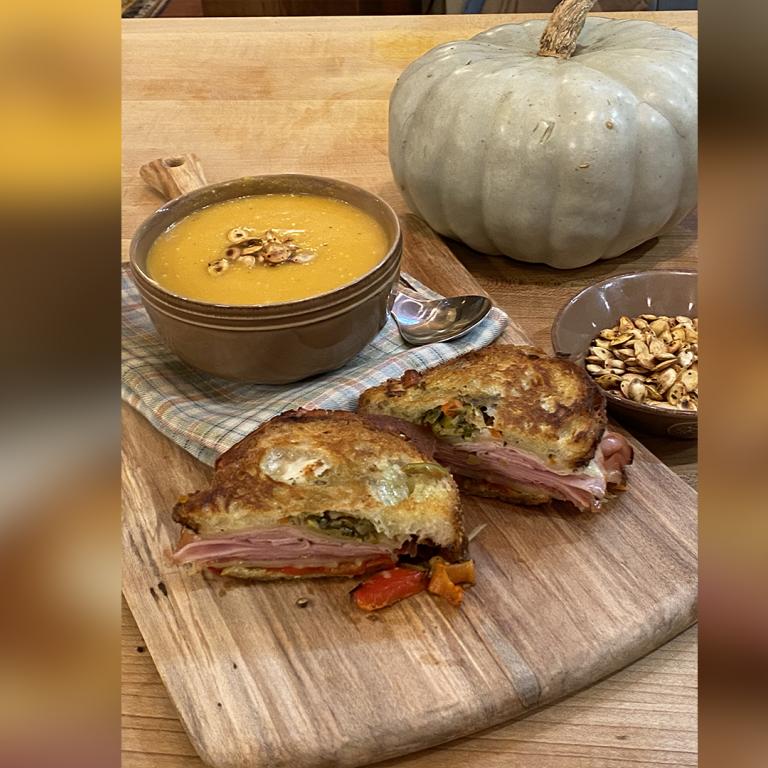 pumpkin soup mufalletta grilled cheese