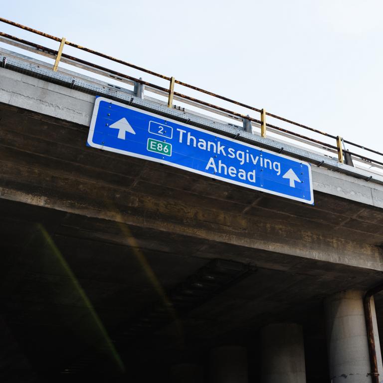 Thanksgiving Ahead Road Sign